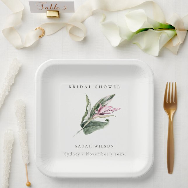 Minimal Tropical Pink Leafy Floral Bridal Shower Paper Plate (Wedding)