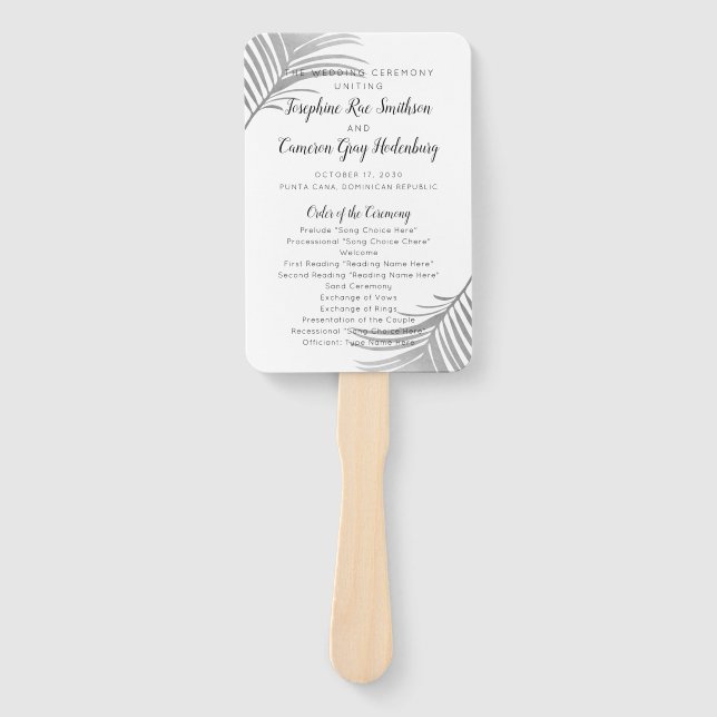 Minimal Tropical Silver Palm Leaf Wedding Program Hand Fan (Front)