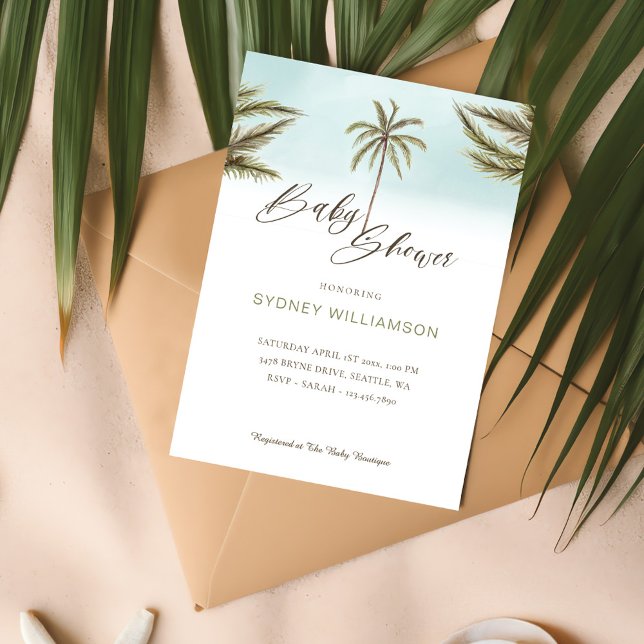 Minimal Tropical Watercolor Palm Trees Baby Shower Invitation (Minimal Tropical Watercolor Palm Trees Baby Shower Invitation)