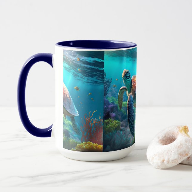 Minimal Turtle Emblem Artwork Coffee Mug (With Donut)