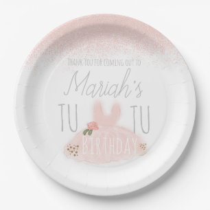 Minimal Tutu Girl's Birthday Turning Two Glitter  Paper Plate