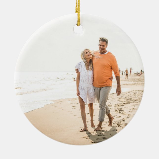 minimal two christmas holiday photo ceramic ornament (Back)