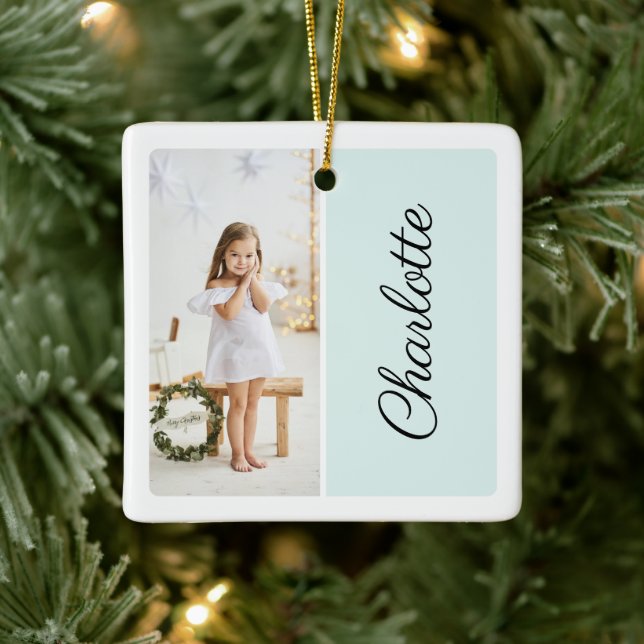 Minimal Two Photo Customized Name Mint Green Ceramic Ornament (Tree)
