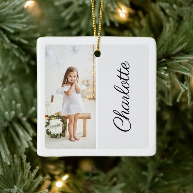 Minimal Two Photo Customized Name White Ceramic Ornament (Tree)