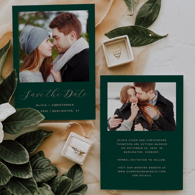 Minimal Two-Photo Emerald Green Blush Script Save The Date (Creator Uploaded)