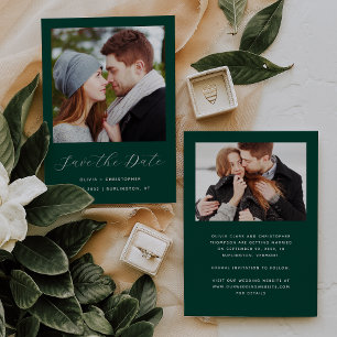 Minimal Two-Photo Emerald Green Script Save The Date
