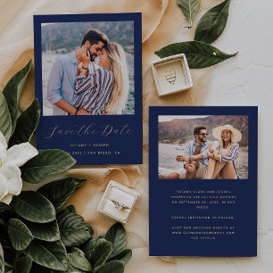 Minimal Two Photo Navy Blue Gold Script Save The Date