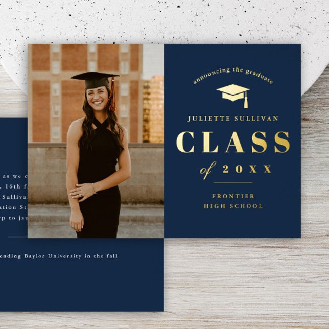 Minimal Type Photo Graduation Party (Minimal type photo graduation gold foil invitations.)