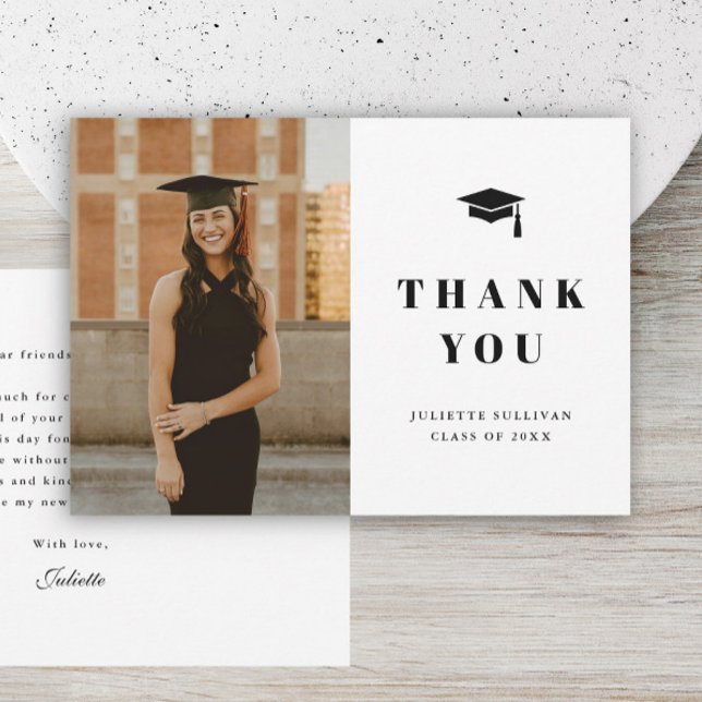 Minimal Type Photo Graduation Party Thank You Card (Simple type black and white graduation photo thank you cards.)