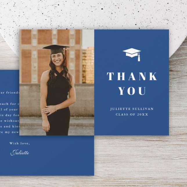 Minimal Type Photo Graduation Party Thank You Card (Simple type blue photo graduation thank you cards.)