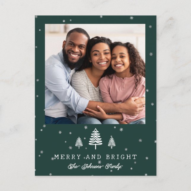 Minimal Typewriter Merry and Bright Photo Tree Postcard (Front)