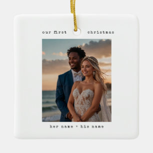 Minimal Typewriter Merry and Married 2 Photos Ceramic Ornament