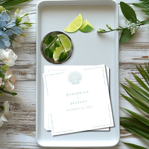 Minimal Typography Aqua & White Seashell Wedding Napkin