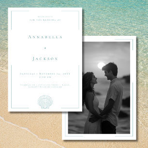 Minimal Typography Aqua White Shell Photo Wedding Invitation
