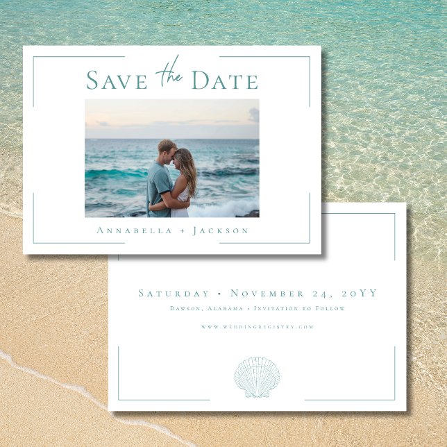 Minimal Typography Aqua White Shell Photo Wedding Save The Date (Minimal Typography Aqua White Shell Photo Wedding Save The Date)