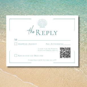 Minimal Typography Aqua & White Shell Wedding RSVP Card