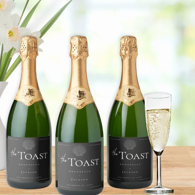 Minimal Typography Black & White Seashell Wedding Sparkling Wine Label (Minimal Typography Black & White Seashell Wedding Sparkling Wine Label)