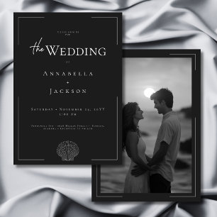 Minimal Typography Black White Shell Photo Wedding Invitation
