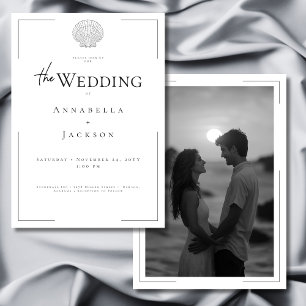 Minimal Typography Black White Shell Photo Wedding Invitation