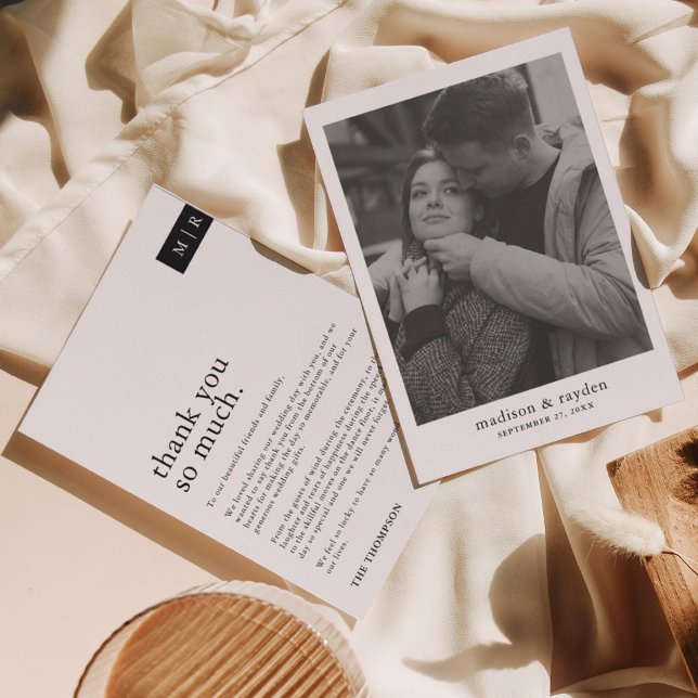 Minimal Typography Chic Monogram Photo Wedding Thank You Card (Creator Uploaded)