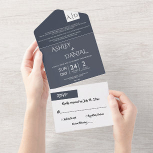 Minimal Typography Dark Blue Chic Modern Wedding All In One Invitation
