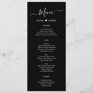 Minimal Typography Heart Black Wedding Menu Card