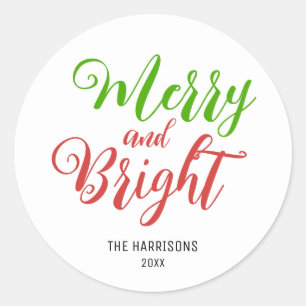 Minimal Typography Merry & Bright Christmas  Classic Round Sticker