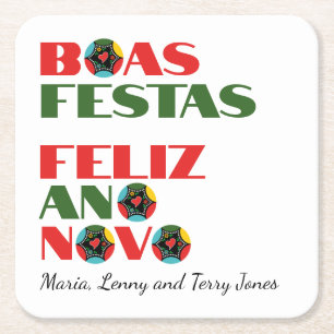 Minimal Typography Portuguese Christmas Greetings  Square Paper Coaster