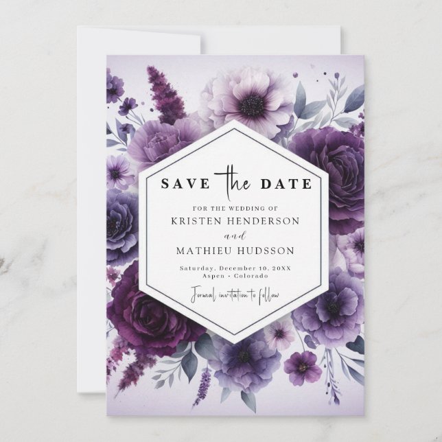 Minimal Typography Purple Floral Wedding  Save The Date (Front)