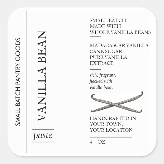 Minimal Vanilla Bean Paste Label, Small Batch Square Sticker (Front)