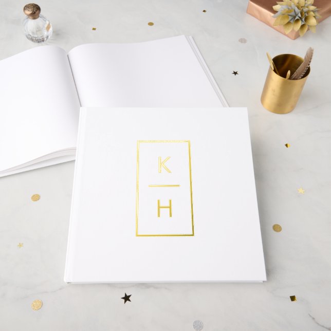 Minimal Vertical Monogram Name and Wedding Date Guest Book (Front Open)