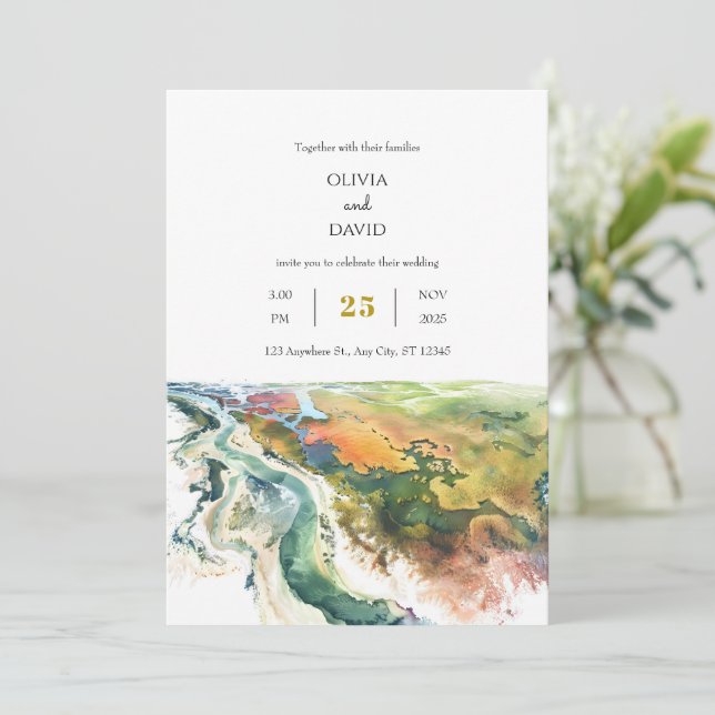 Minimal Vibrant Coastal Landscape Beach Wedding  Invitation (Standing Front)