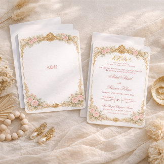 Minimal Victorian Floral Gold Muslim Nikkah Pink Invitation