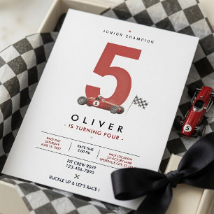 Minimal Vintage Formula Race Car 5th Birthday  Invitation