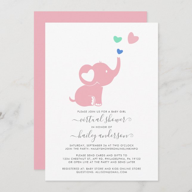 Minimal Virtual Baby Shower Pink Girl Elephant Invitation (Front/Back)