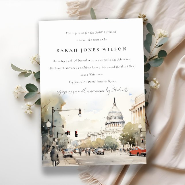 Minimal Washington DC, USA Watercolor Baby Shower Invitation (Creator Uploaded)