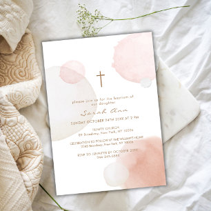 Minimal Watercolor Boho Gold Cross Baptism  Invitation