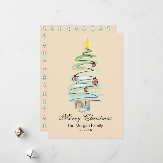 Minimal Watercolor Christmas Tree Non-Photo  Holiday Card (Front/Back In Situ)