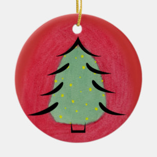 Minimal Watercolor Christmas tree with Black Lines Ceramic Ornament