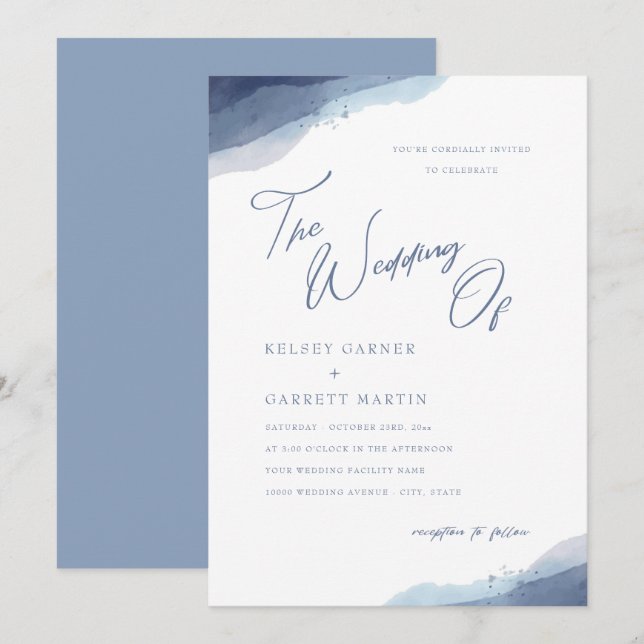 Minimal Watercolor Dusty Blue Calligraphy Wedding  Invitation (Front/Back)