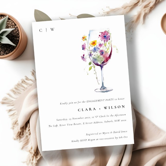 Minimal Watercolor Floral Wine Glass Engagement Invitation (Creator Uploaded)
