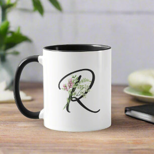Minimal Watercolor Flower & Black Letter R Script  Mug