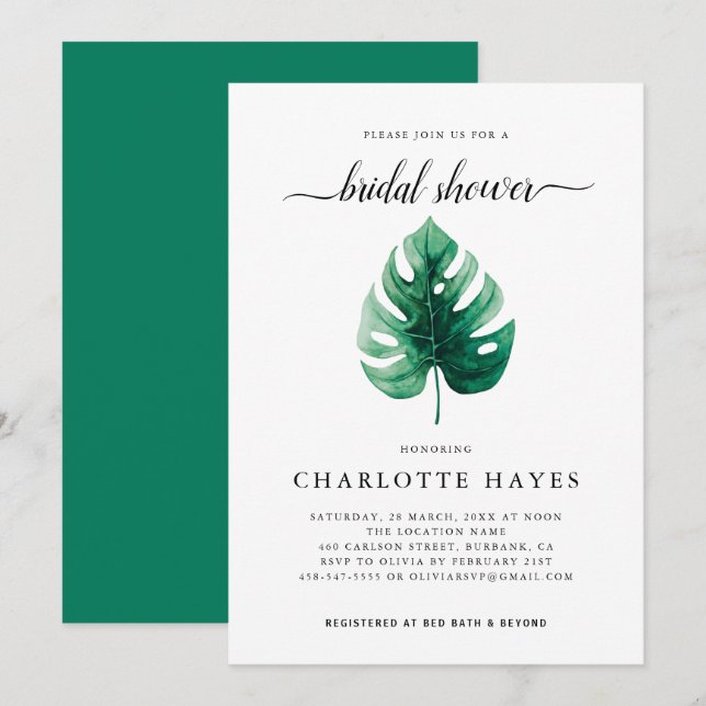 Minimal Watercolor Green Leaf Bridal Shower Invitation (Front/Back)