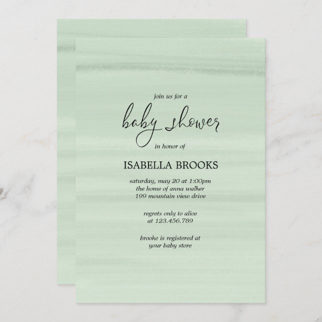 Minimal watercolor Mint green baby shower Invitation (Front/Back)