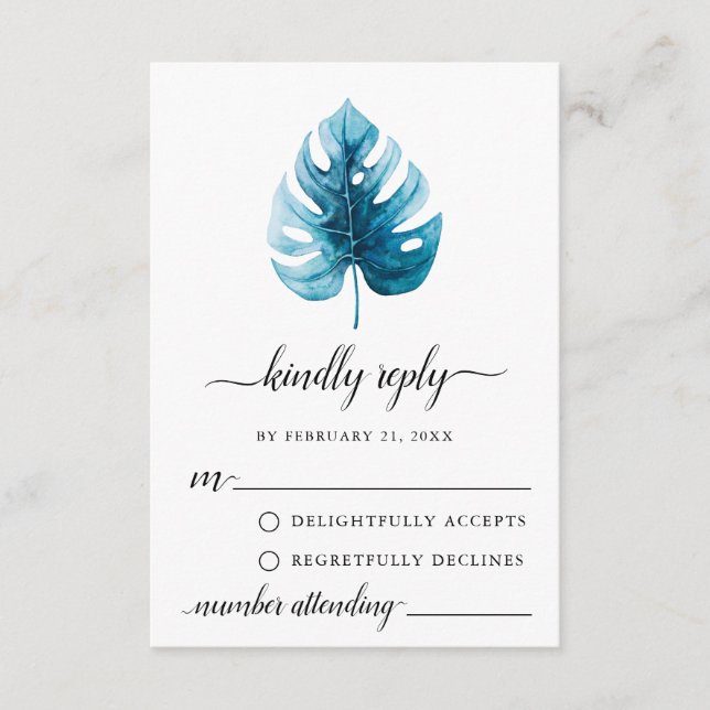 Minimal Watercolor Monstera Leaf RSVP Card (Front)