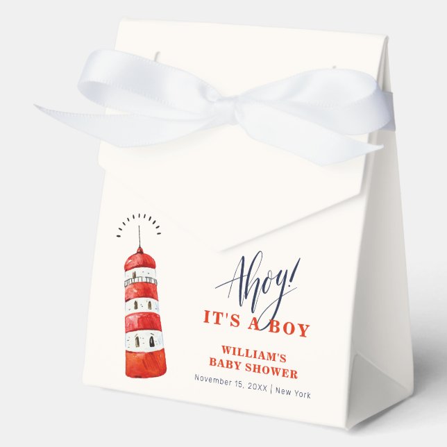 Minimal Watercolor Nautical Lighthouse Baby Shower Favor Box (Front)