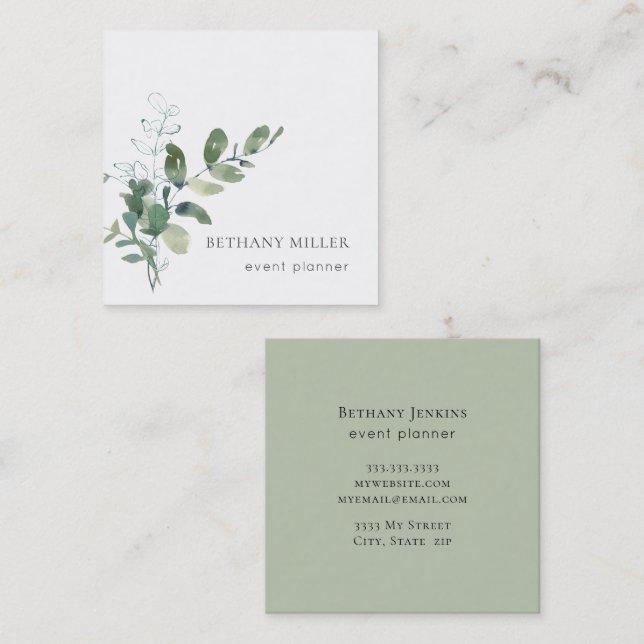 Minimal Watercolor Sage Green Greenery Square Business Card (Front/Back)