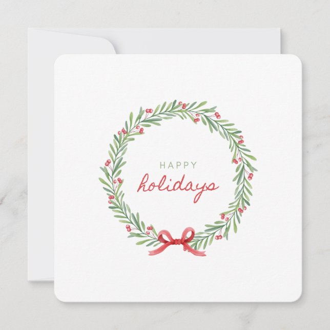 Minimal Watercolor Wreath "Happy Holidays" Design Invitation (Front)