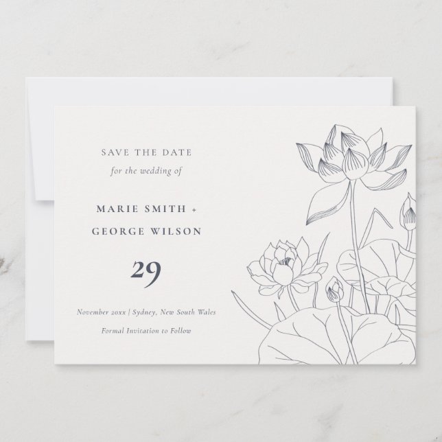 Minimal Waterlily Floral Sketch Save The Date Card (Front)