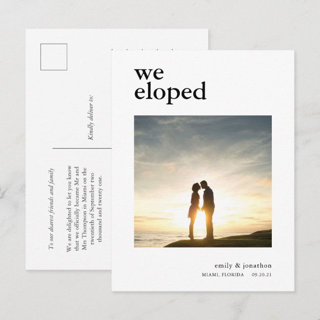 Minimal We Eloped Announcement Photo Black text (Front/Back)